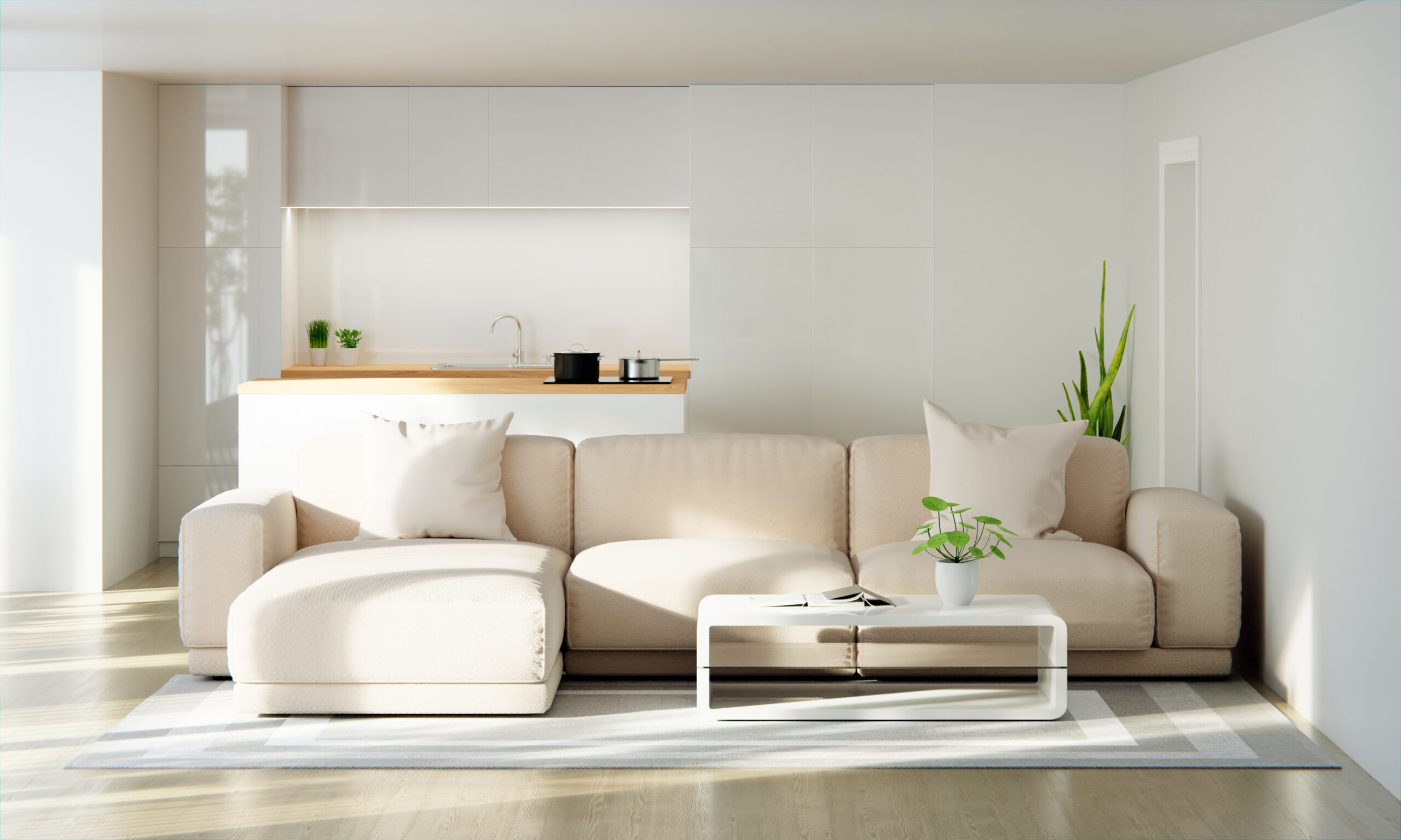 Brown sofa in white living room interior with copy space, 3D rendering